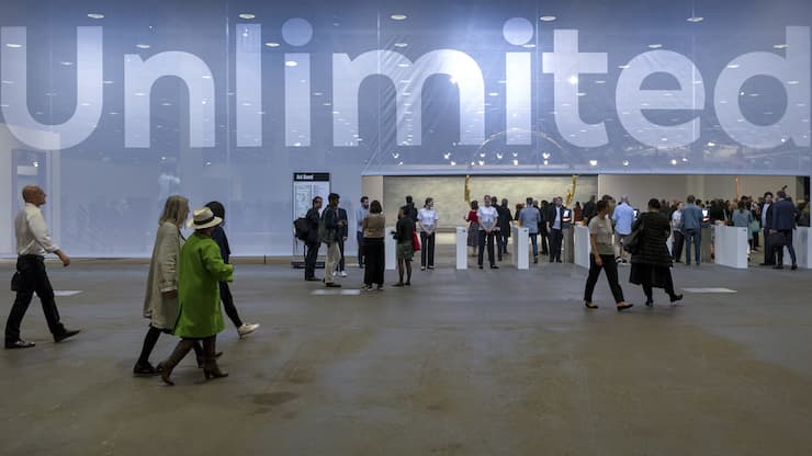 The entrance of the international art show Art Unlimited in Basel, Switzerland, on Tuesday, June 11, 2019. Unlimited is Art Basel's exhibition platform for projects that transcend the limitations of a classical art-show stand, including out-sized sculpture and paintings, video projections, large-scale installations, and live performances. (KEYSTONE/Georgios Kefalas)
