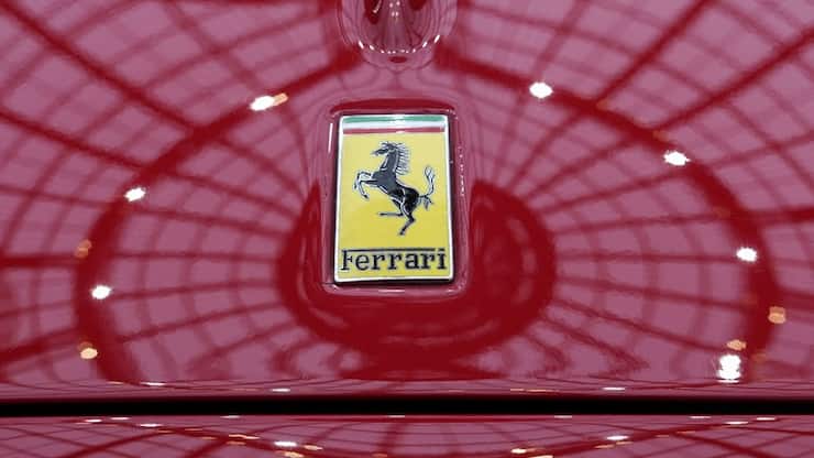 FILE - The Ferrari logo is photographed on a 1950 Oldsmobile Ferrari 166 MM Touring Barchetta displayed at the Grand Palais in Paris, Tuesday, Feb. 4, 2025. (AP Photo/Aurelien Morissard, File)