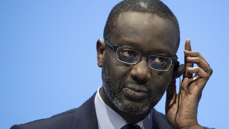 Tidjane Thiam, CEO of Switzerland's bank Credit Suisse (CS), speaks during the general assembly at the Hallenstadion in Zurich, Switzerland, Friday, April 26, 2019. (KEYSTONE/Ennio Leanza)