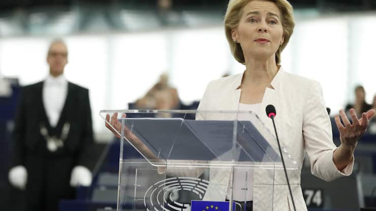 Germany's Ursula von der Leyen delivers her speech at the European Parliament in Strasbourg, eastern France, Tuesday July 16, 2019. Ursula von der Leyen outlined her vision and plans as Commission President. The vote, held by secret paper ballot, will take place later today. (AP Photo/Jean-Francois Badias)