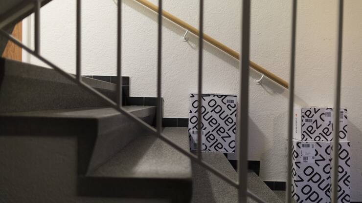 Various Zalando packages stand on a staircase in an apartment complex in Zurich, Switzerland, photographed on January 7, 2016. (KEYSTONE/Gaetan Bally)Mehrere Zalando Pakete stehen auf einer Treppe in einem Wohnhaus, aufgenommen am 7. Januar 2016 in Zuerich. (KEYSTONE/Gaetan Bally)