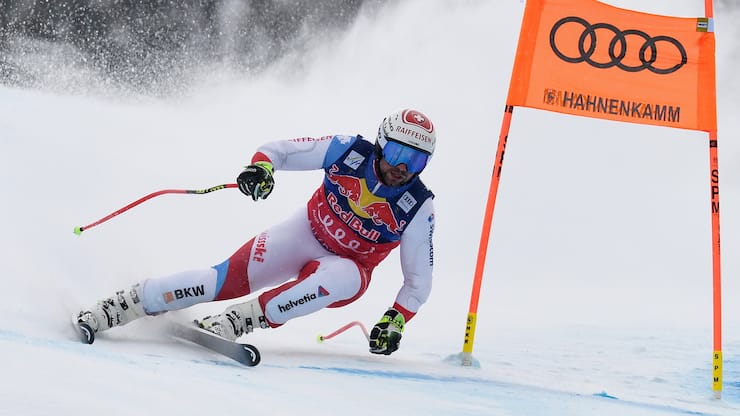 epa07315225 Beat Feuz of Switzerland in action during the second training run for the men's Downhill race of the FIS Alpine Skiing World Cup event in Kitzbuehel, Austria, 24 January 2019.  EPA/ANGELIKA WARMUTH