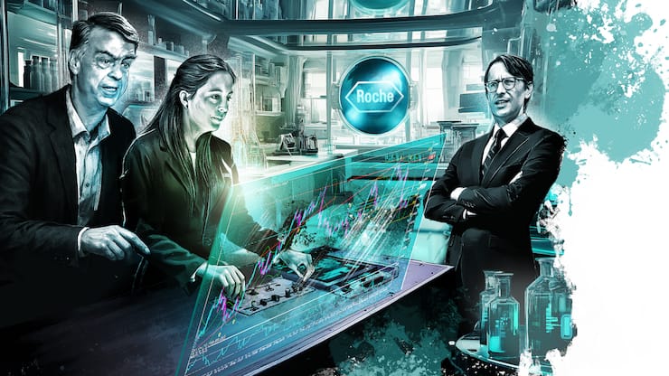 SCHALTPULT DER MACHT Familiensprecher André Hoffmann mit Tochter Isabel, Jörg Duschmalé, Vertreter des Oeri-Stamms (v.l.).