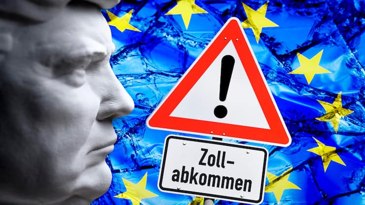 Trump-BÃ¼ste vor EU-Fahne in Scherben und Schild mit Aufschrift Zollabkommen, Fotomontage