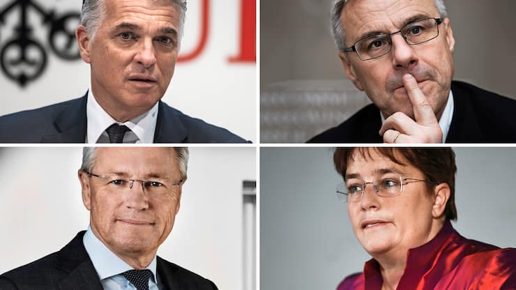 Mit Lohnkürzungen und Spenden geben sich CEOs solidarisch, etwa UBS-Chef Sergio Ermotti, Adecco-Chef Alain Dehaze (oben v.l.), ABB-Chef Björn Rosengren und Ems-Chefin Magdalena Martullo-Blocher.