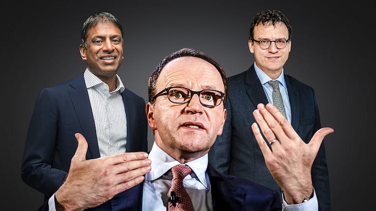 Novartis-Chef Vasant Narasimhan (o.l.), Swiss-Life-Chef Patrick Frost (o.r.) und Nestlé-CEO Mark Schneider  