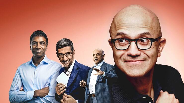 Satya Nadella ( Microsoft, oben), Vas Narasimhan (Novartis), Sundar Pichai (Google), Arvind Krishna (IBM), von links.