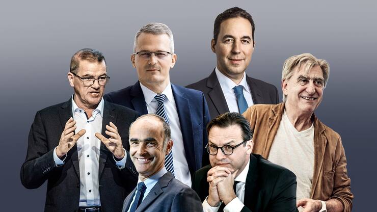 Pierre-Alain Ruffieux (Lonza), Paul Schuler (Sika), Gilles Andrier (Givaudan), Christian Mumenthaler (Swiss Re), Patrick Frost (Swiss Life), Nick Hayek (Swatch Group)