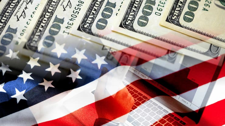 American flag, business people and cash dollar bills - Economics chart
