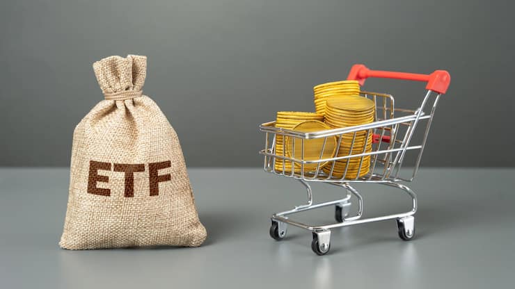 <p>Börsengehandelter Fonds und Einkaufswagen mit Geldmünzen.</p>