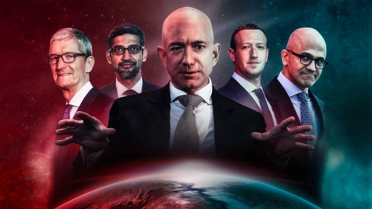 Apple-Chef Tim Cook; Alphabet- CEO Sundar Pichai; Amazon- Gründer Jeff Bezos; Facebook- Alleinherrscher Mark Zuckerberg; Microsoft-CEO Satya Nadella (v.l.).