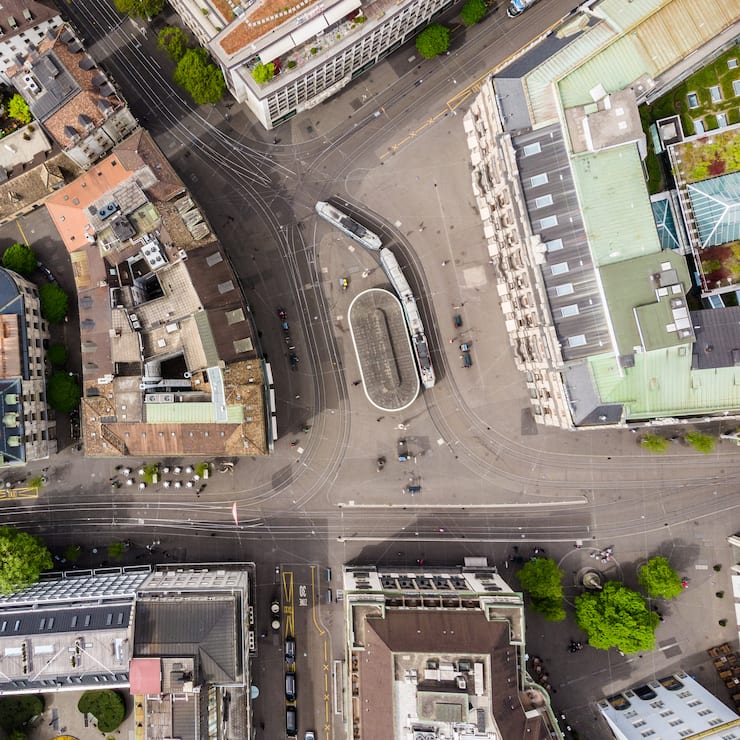 Top down view of the famous Parade Platz in the heart of Zurich old town, famous for holding most Swiss banks HQ buildings in Switzerland
