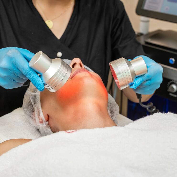 Beautician doing skin care with red light therapy