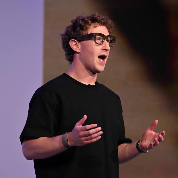 Meta CEO Mark Zuckerberg wears artificial intelligence-powered smart glasses and a wristband as he speaks during the company's Connect developer conference Wednesday, Sept. 17, 2025, in Menlo Park, Calif. (AP Photo/Nic Coury)