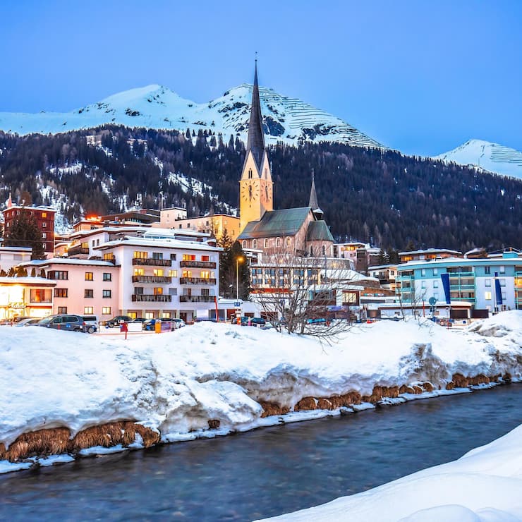 Idyllic mountain town of Davos in Swiss Alps evening view, luxury ski destination of Switzerland