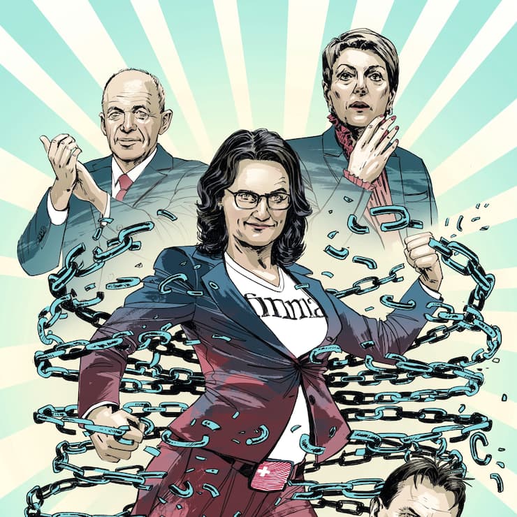 KettensprengerinFinma-Präsidentin Marlene Amstad (M.) mit dem applaudierenden Ex-­Finanzminister Ueli Maurer (o.l.), dessen staunender Nachfolgerin Karin Keller-Sutter und dem attackierten Ex-Finma-Chef Mark Branson.