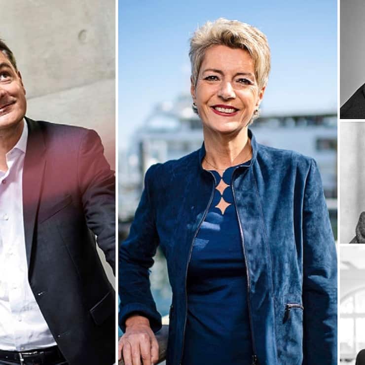 Karin Keller-Sutter wurde in den Bundesrat gewählt, ihr Ersatz, StéphaneMaquaire (l.), von Manor rausgestellt – seither hat der Verband keinen Präsidenten mehr fürs Erbe von Paul Eisenring, Klaus Hug und Bruno Frick (v.o.).