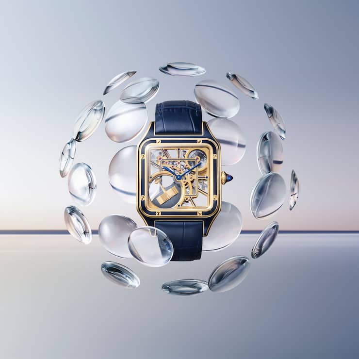 Cartier Santos-Dumont Skeleton in einer Bubble aus Glasscheiben.