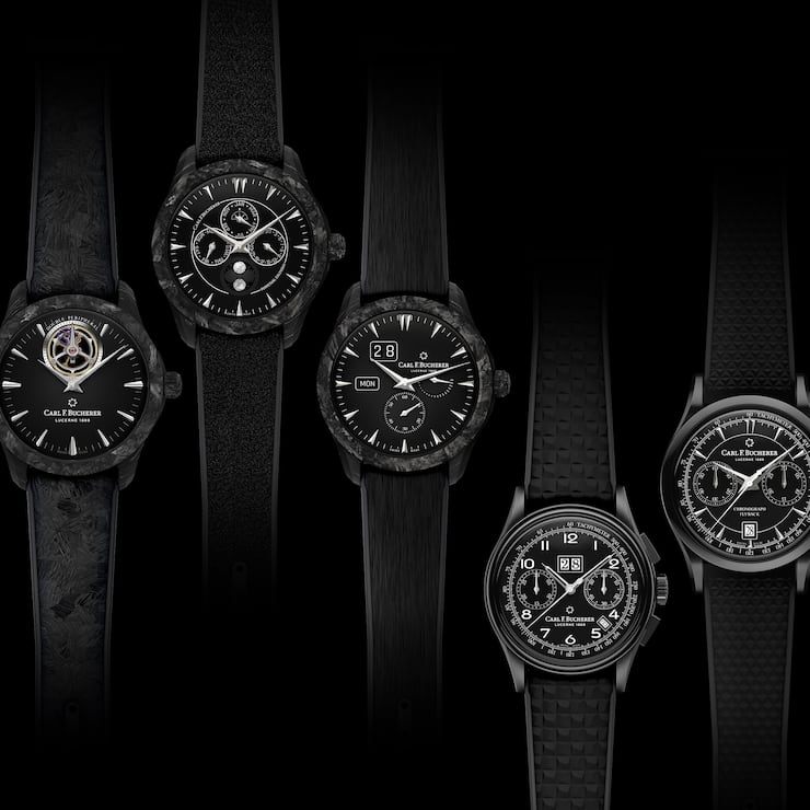 Die Capsule Collection von Carl F. Bucherer (5 schwarze Uhren auf schwarzem Hintergrund).