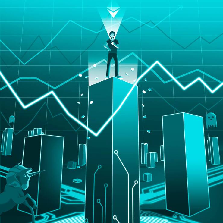 Mann der auf Säule steht