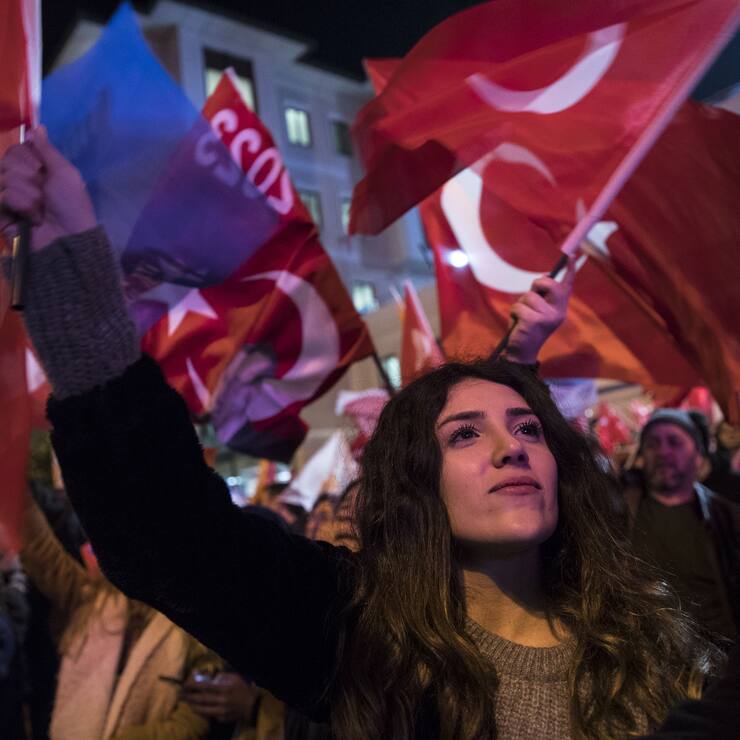 ISTANBUL, TURKEY - APRIL 01: People wave flags as they celebrate the unofficial results of local elections near AK Party's Istanbul Provincial Department in Istanbul, Turkey on April 01, 2019. (Photo by Arif Hudaverdi Yaman/Anadolu Agency/Getty Images)