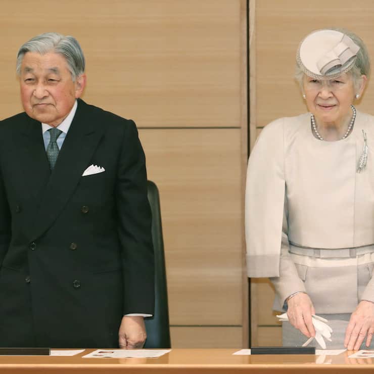 Japanese Emperor Akihito and Empress Michiko attend an award ceremony in Tokyo on April 26, 2019. It was the emperor's last official duty outside the Imperial Palace before his abdication on April 30. (Pool photo)(Kyodo)==Kyodo(Photo by Kyodo News via Getty Images)