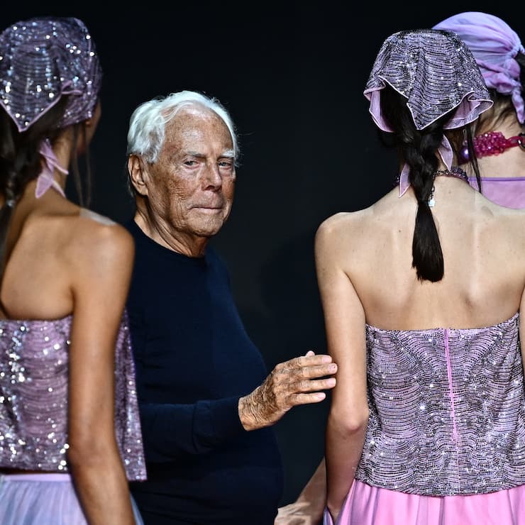 Italian designer Giorgio Armani walks the runway of the Emporio Armani fashion show during the Milan Fashion Week Womenswear Spring/Summer 2024 on September 21, 2023 in Milan. (Photo by GABRIEL BOUYS / AFP)