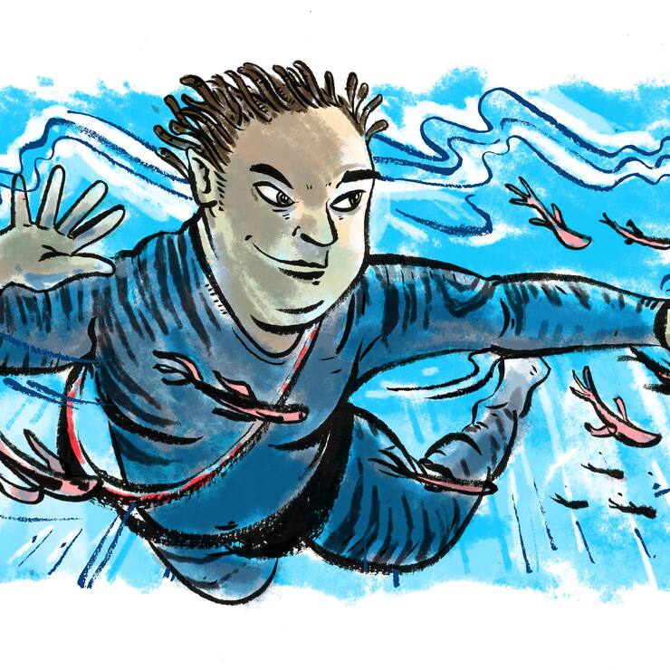 Illustration Marc Kowalsky taucht unter Wasser und hält das Pixel 7 in der Hand.