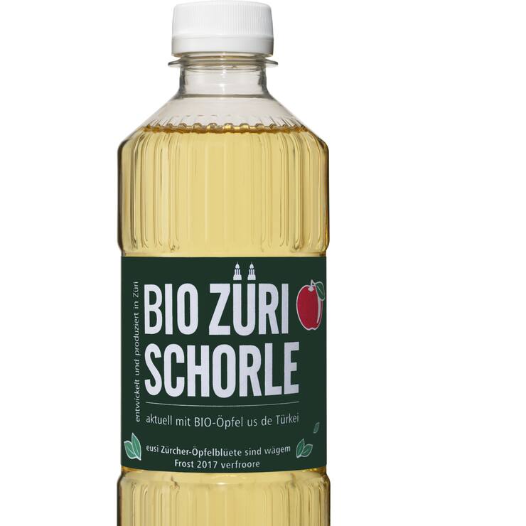 Bio Züri Schorle: «Aktuell mit Bio-Öpfel us de Türkei – eusi Zürcher Öpfelblüete sind wägem Frost 2017 verfroore» Quelle