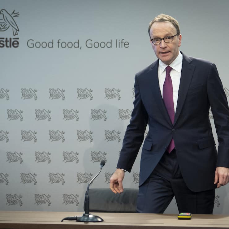 Nestle's CEO Ulf Mark Schneider arrives for the 2019 full-year results press conference of the food and drinks giant Nestle, in Vevey, Switzerland, Thursday, February 13, 2020. (KEYSTONE/Laurent Gillieron)