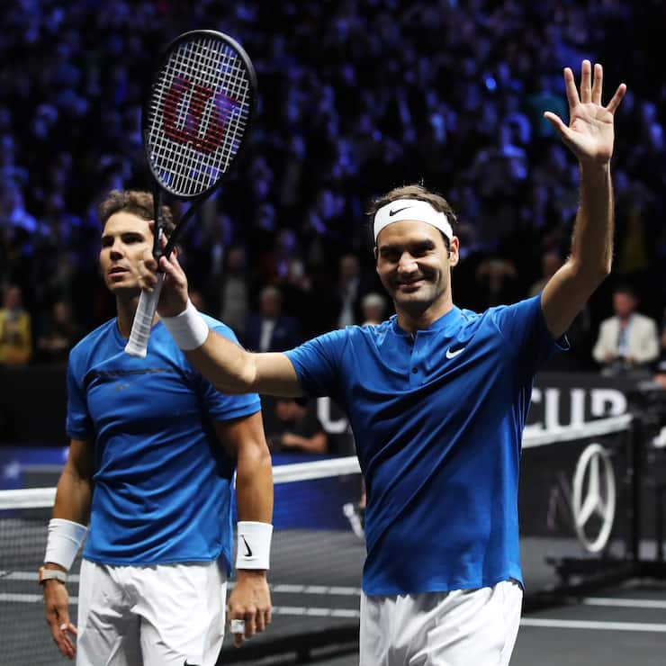 PRAGUE, CZECH REPUBLIC - SEPTEMBER 23:  Roger Federer and Rafael Nadal 