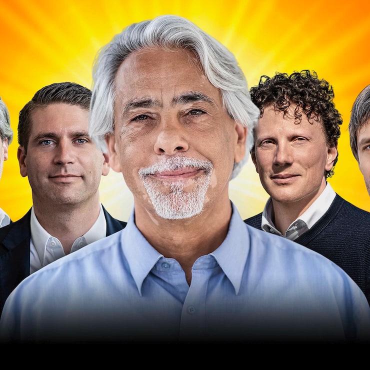 Die Synhelion-Gründer Gianluca Ambrosetti und Philipp Furler, ETH-Professor Aldo Steinfeld und die Climeworks-Gründer Christoph Gebald und Jan Wurzbacher (v.l.).