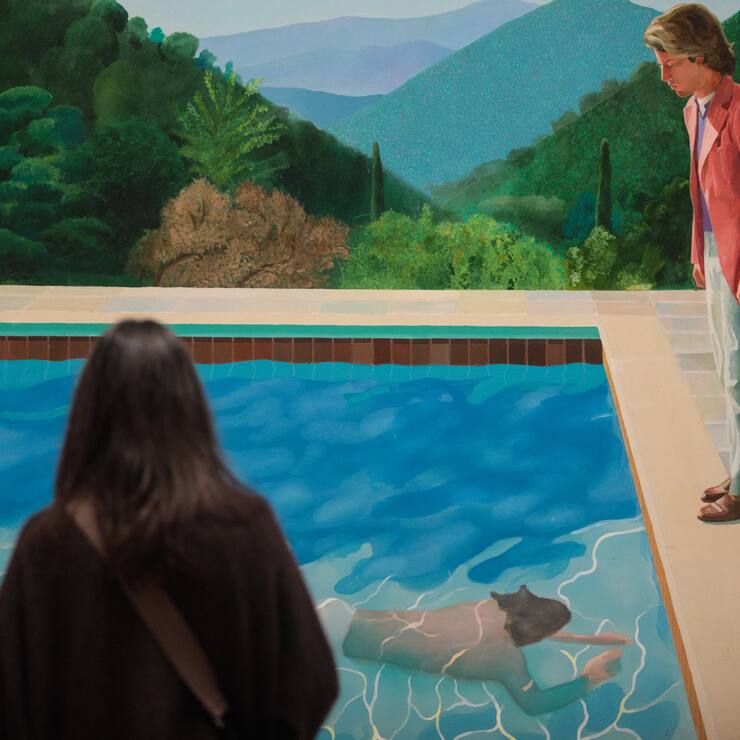 A visitor views 'Portrait of an Artist (Pool with Two Figures)', 1972 by David Hockney during a press preview for the British artists' retrospective at Tate Britain on February 6, 2017 in London, England. The exhibition covers six decades of Hockney's life from his time as a student in the early 1960s to more recent works completed in Los Angeles. The retrospective runs from February 09 - 29 May, 2017. (Photo by Jack Taylor/Getty Images)