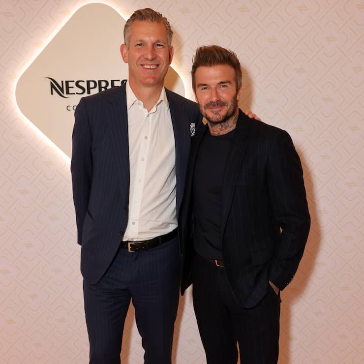 LONDON, ENGLAND - MAY 08: Philipp Navratil and David Beckham attends the launch of Nespresso's new flagship boutique in Covent Garden on May 08, 2025 in London, England. (Photo by Dave Benett/Max Cisotti/Dave Benett/Getty Images for Nespresso)