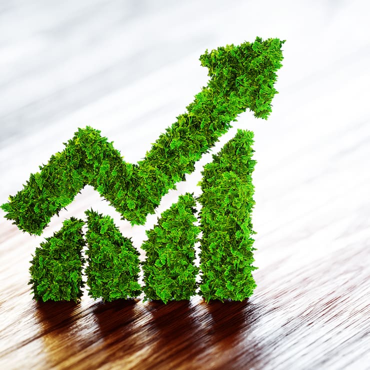 3d rendering of green line chart with blurred background.