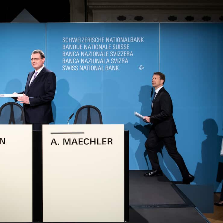 Swiss National Bank's (SNB) Chairman of the Governing Board Thomas Jordan, Swiss National Bank's (SNB) Vice Chairman of the Governing Board Fritz Zurbruegg, and Swiss National Bank's (SNB) Member of the Governing Board Andrea Maechler, from left, arrive at a semi-annual conference in Bern, Switzerland, Thursday, June 13, 2019. (KEYSTONE/Anthony Anex)