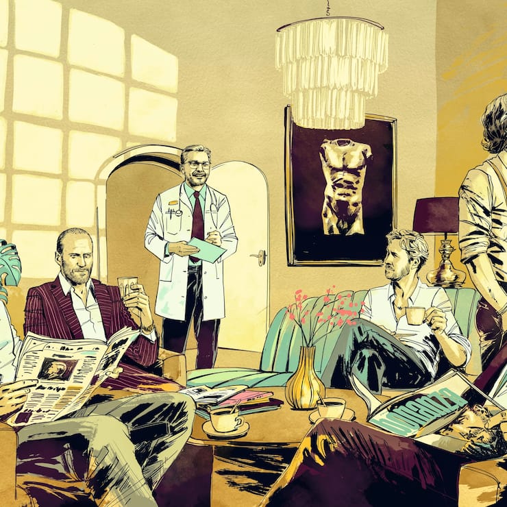 Um fit, schön und gesund zu altern, gehen auch sie mutmasslich zum Doc: Arnold Schwarzenegger, Jason Statham, Ryan Gosling, Bradley Cooper und Kevin Costner (v.l.). Mittig wartet Peter Dietz auf seinen nächsten Patienten.