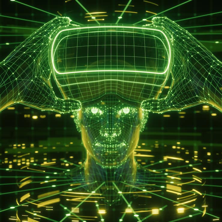 3D-Render, Visualisierung eines Mannes mit Virtual-Reality-Brille, elektronisches Gerät, Kopf umgeben von virtuellen Daten mit neongrünem Gitter. Spieler eins bereit für das vr Spiel. Virtuelle Erfahrung.