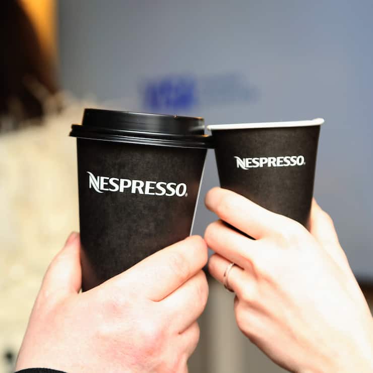 NEW YORK, NY - FEBRUARY 13:  Guests drink refreshments provided by Nespresso outside of Gallery I in Spring Studios during New York Fashion Week: The Shows at Spring Studios on February 13, 2019 in New York City.  (Photo by Manny Carabel/Getty Images)