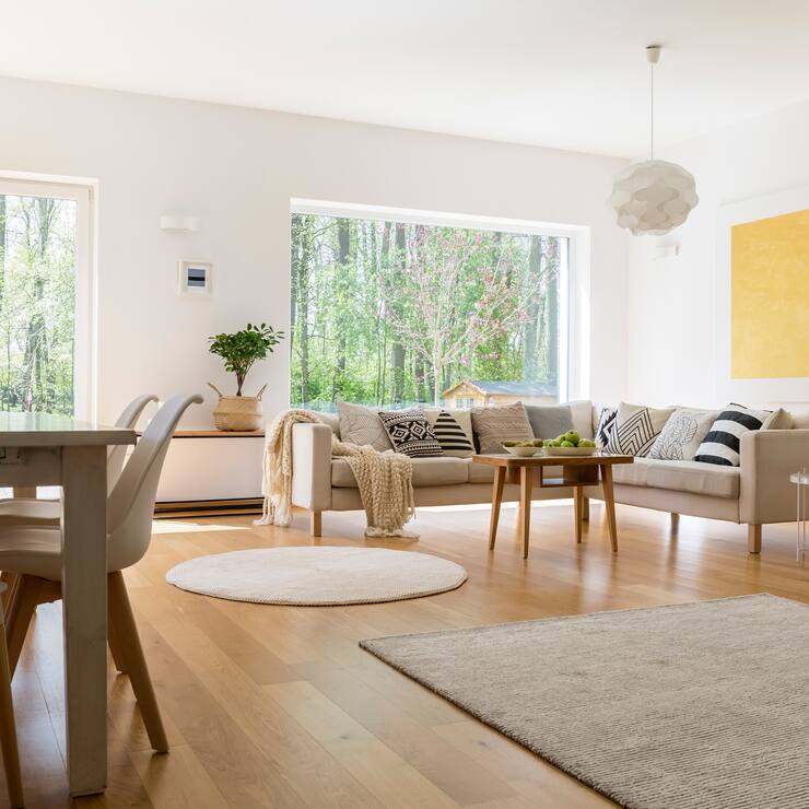 Stylish design of spacious living room connected with dining hall