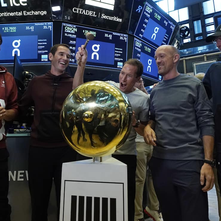 On executives ring a ceremonial first trade bell as their company's IPO begins trading on the floor of the New York Stock Exchange, Wednesday, Sept. 15, 2021. They are, from left: Caspar Coppetti, Martin Hoffmann, Marc Maurer, David Allemann, and Olivier Bernhard. (AP Photo/Richard Drew)David Allemann,Marc Maurer,Olivier Bernhard,Caspar Coppetti,Martin Hoffmann
