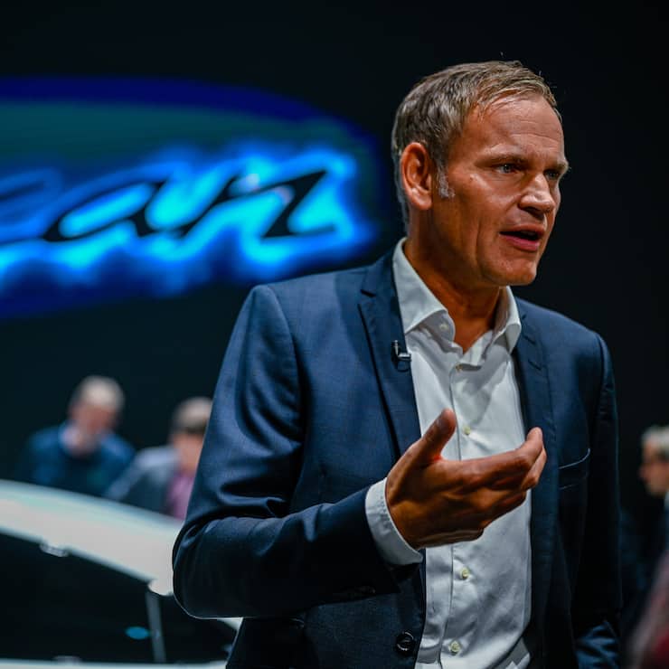 FRANKFURT AM MAIN, GERMANY - SEPTEMBER 10: Oliver Blume, chief executive officer of Porsche AG presents the new Porsche Taycan at the Porsche press conference at the IAA Frankfurt Motor Show on September 10, 2019 in Frankfurt am Main, Germany. (Photo by Sascha Schuermann/Getty Images)