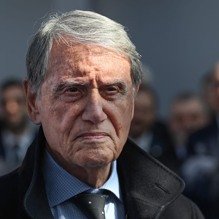 Italian president of MSC Gianluigi Aponte attends the inauguration ceremony of the MSC Worlds America cruise ship at Les Chantiers de l'Atlantique shipyard in Saint-Nazaire, western France, on March 27, 2025. (Photo by Sebastien Salom-Gomis / AFP) (Photo by SEBASTIEN SALOM-GOMIS/AFP via Getty Images)          
