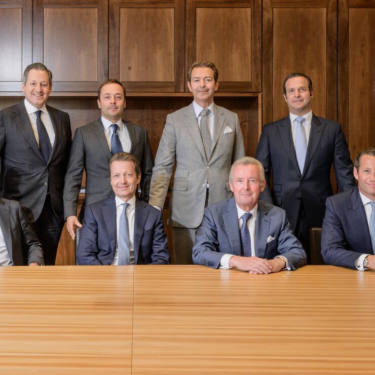 Die Pictet-Teilhaber (von links oben): Boris Collardi, Bertrand Demole, Rémy Best, Laurent Ramsey, Sébastien Eisinger, Renaud de Planta, Nicolas Pictet, Marc Pictet.