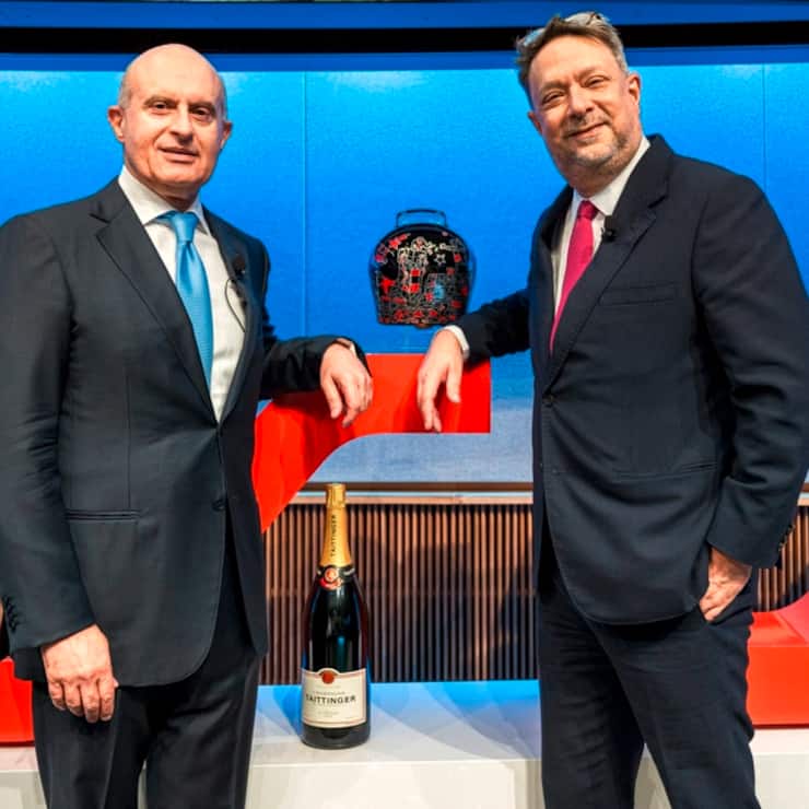 Gilbert Ghostine, chairman of Sandoz Group AG, left, and Richard Saynor, chief executive officer of Sandoz Group AG, during the Sandoz Group AG listing ceremony at the Six Swiss Exchange AG in Zurich, Switzerland, on Wednesday, Oct. 4, 2023. Sandoz, the maker of copycat medicines that was spun off from drugmaker Novartis AG, begins life as a standalone company on Wednesday when its shares start trading on the Swiss stock exchange. Photographer: Pascal Mora/Bloomberg