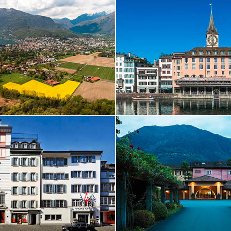 BÜHRLE-BESITZ  Die Terreni alla Maggia in Ascona und Storchen in Zürich (oben), Widder in Zürich und die Hotels Castello del Sole in Ascona (unten)