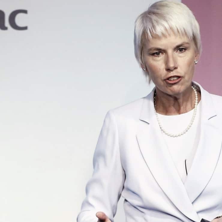 Gail Kelly, chief executive officer of Westpac Banking Corp., speaks during a news conference in Sydney, Australia, on Monday, May 5, 2014. Westpac, Australiaâs second-biggest lender by market value, reported a 8 percent increase in first-half cash profit on loan growth, wealth management income and lower bad debt expenses. Photographer: Brendon Thorne/Bloomberg *** Local Caption *** Gail Kelly