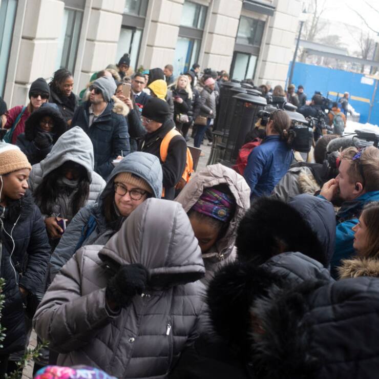 #ChefsforFeds kitchen crew members and volunteers feed federal workers and their families during the partial government shutdown, now in it's fourth week in Washington, DC on January 16, 2018. PICTURED, Several dozens of people line up to receive a meal from World Central Kitchen.JosÃ© AndrÃ©s opens relief kitchen for federal workers during shutdown(Photo by Marvin Joseph/The Washington Post via Getty Images)