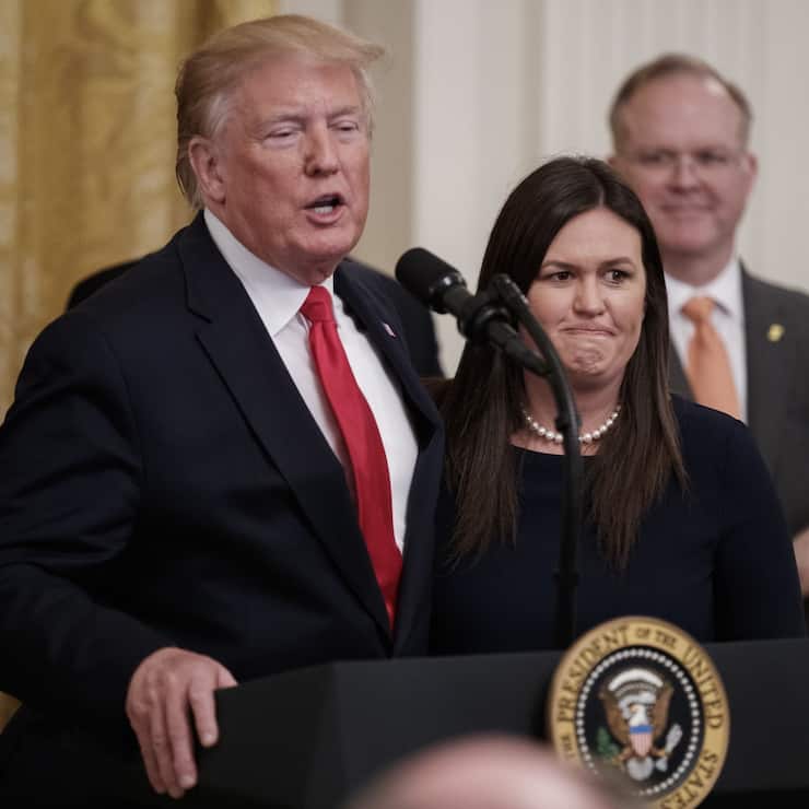 epa07646623 US President Donald J. Trump announces the departure of White House Press Secretary Sarah Sanders during an event on second chance hiring programs for felons following incarceration in the East Room of the White House in Washington, DC, USA, 13 June 2019. 