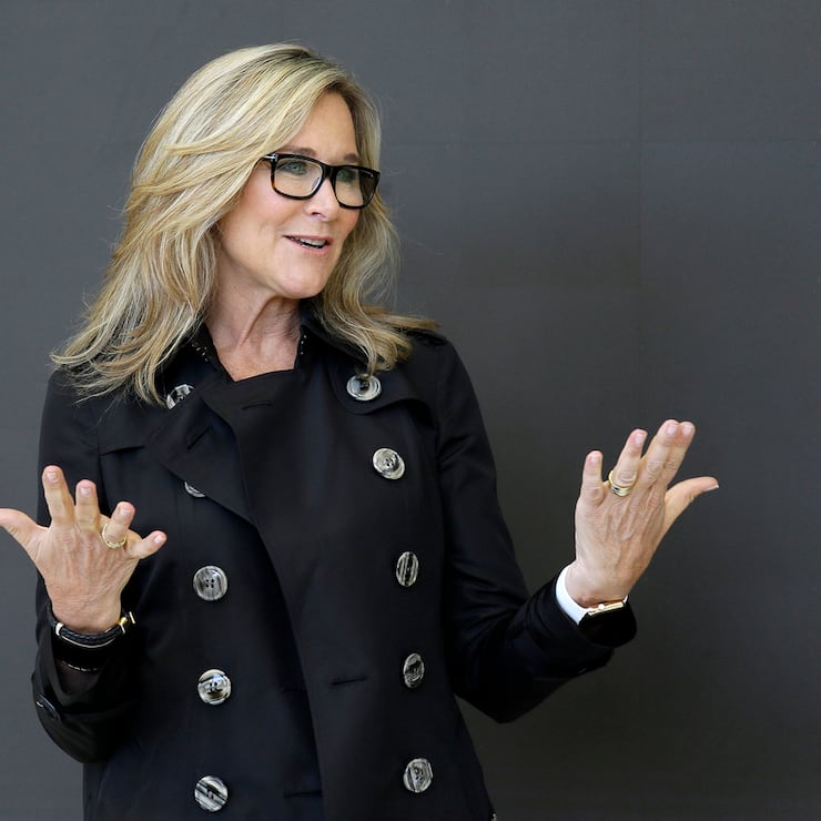 FILE - In this Thursday, May 19, 2016, file photo, Angela Ahrendts, Apple's senior vice president of Retail and Online Stores, speaks with reporters during a preview of the new Apple Union Square store in San Francisco. On Tuesday, Feb. 5, 2019, Apple announced that Ahrendts plans to depart Apple in April for new personal and professional pursuits. (AP Photo/Eric Risberg, File)